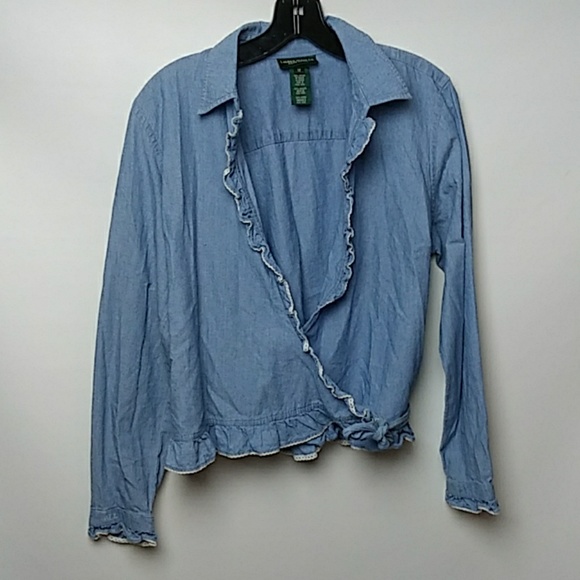 VINTAGE 90S LAUREN JEANS COMPANY RUFFLED CHAMBRAY - Picture 5 of 6
